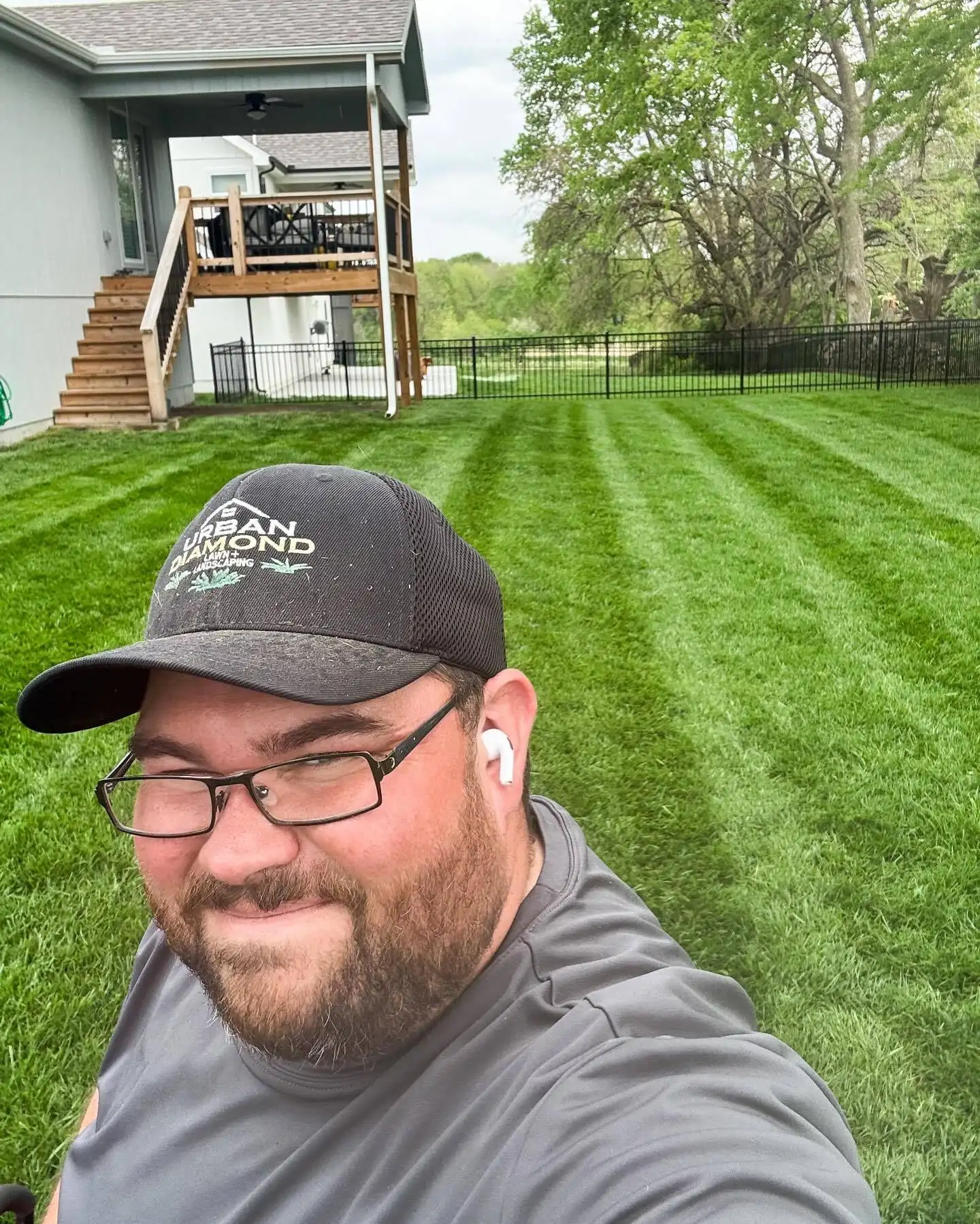 Freshly mowed residential lawn with crisp striping patterns